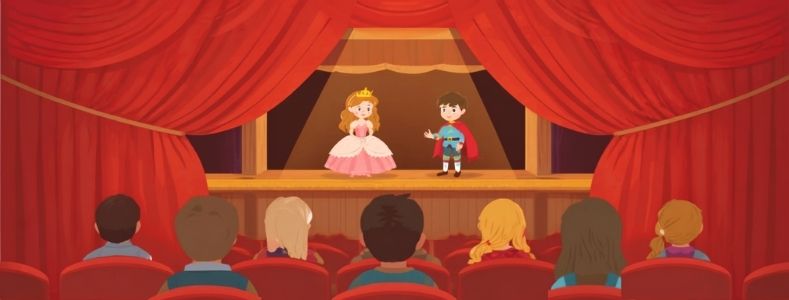 Illustration einer Prinzessin und eines Ritters auf einer Puppentheaterbühne mit rotem Vorhang, davor Kinder von hinten als Publikum